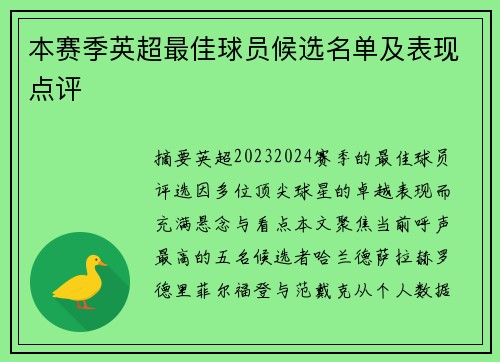 本赛季英超最佳球员候选名单及表现点评