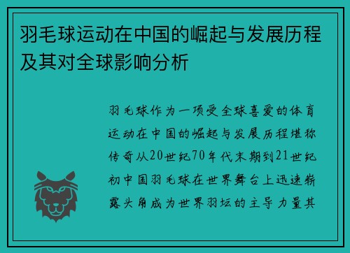羽毛球运动在中国的崛起与发展历程及其对全球影响分析