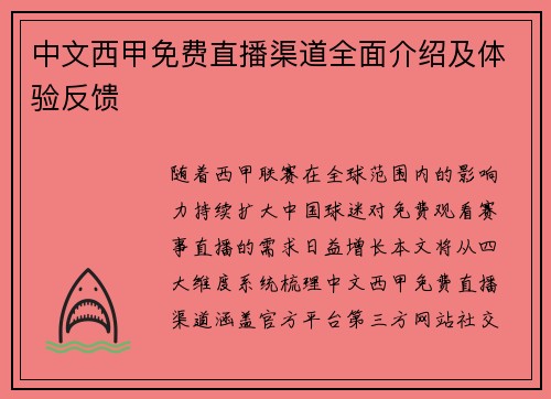 中文西甲免费直播渠道全面介绍及体验反馈